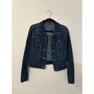 Women's American Eagle M Dark Blue Denim Jean Jacket Tan Stitching